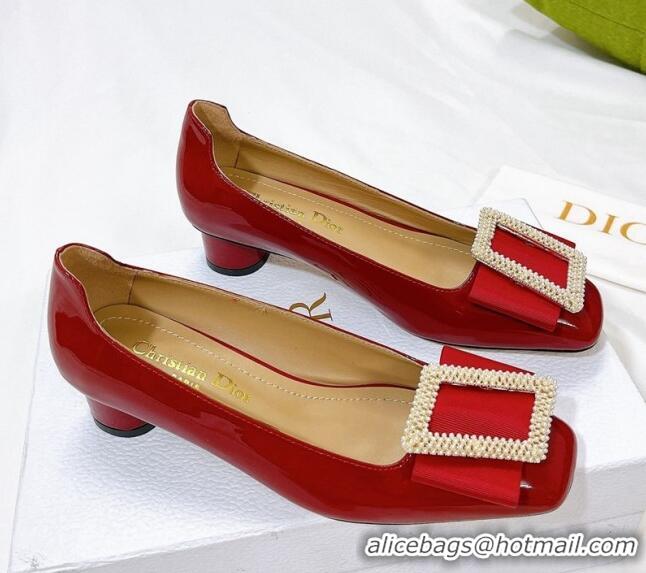 Luxury Cheap Dior Idylle Patent Leather Pumps 3.5cm with Pearl Bow Red 100975