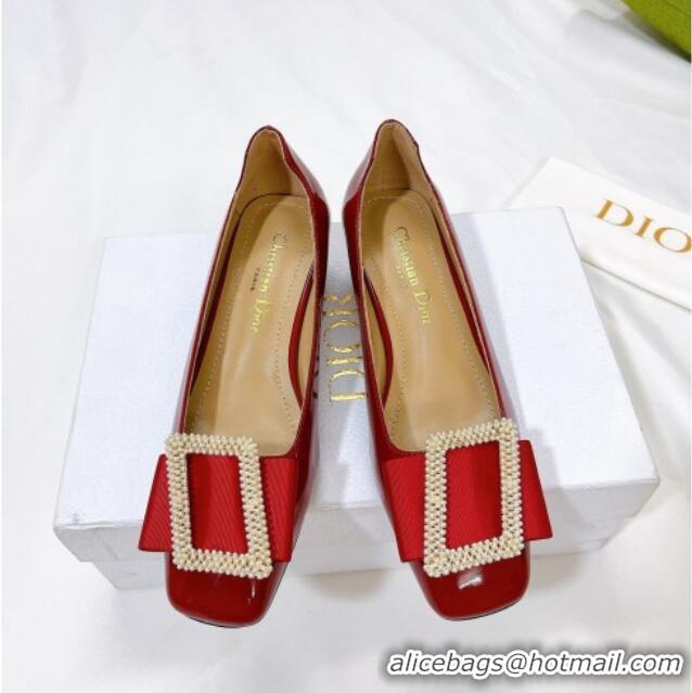 Luxury Cheap Dior Idylle Patent Leather Pumps 3.5cm with Pearl Bow Red 100975