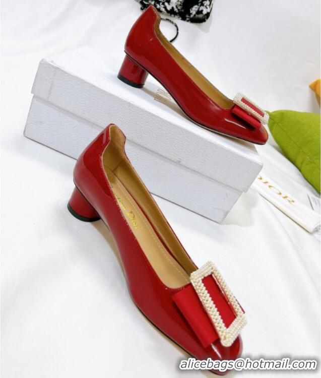 Luxury Cheap Dior Idylle Patent Leather Pumps 3.5cm with Pearl Bow Red 100975