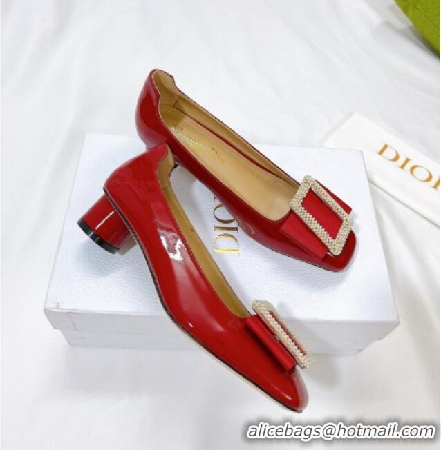 Luxury Cheap Dior Idylle Patent Leather Pumps 3.5cm with Pearl Bow Red 100975