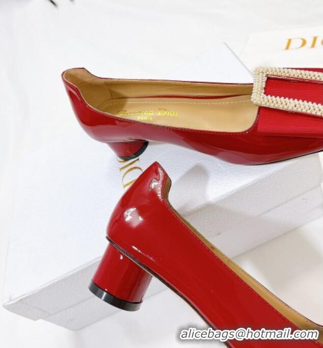 Luxury Cheap Dior Idylle Patent Leather Pumps 3.5cm with Pearl Bow Red 100975