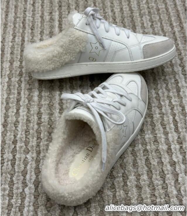 Discount Dior Calfskin and Shearling Star Open Back Sneakers White 120192