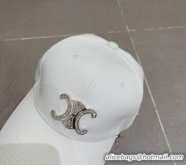 Inexpensive Celine Triomphe Canvas Baseball Hat with Crystal Logo 0512 White 2023