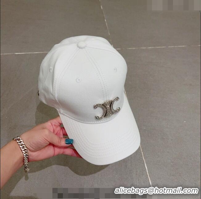 Inexpensive Celine Triomphe Canvas Baseball Hat with Crystal Logo 0512 White 2023