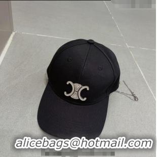 Good Product Celine Triomphe Canvas Baseball Hat with Crystal Logo 0512 Black 2023