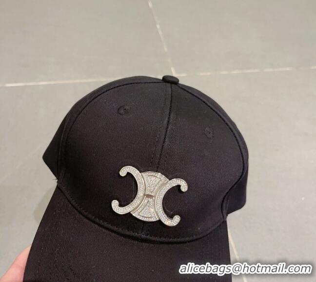 Good Product Celine Triomphe Canvas Baseball Hat with Crystal Logo 0512 Black 2023