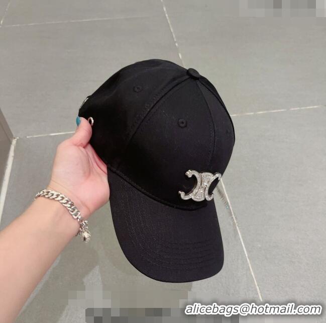 Good Product Celine Triomphe Canvas Baseball Hat with Crystal Logo 0512 Black 2023