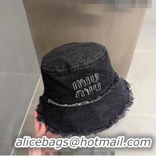 Famous Brand Miu Miu Denim Bucket Hat with Fringe 0512 Black 2023