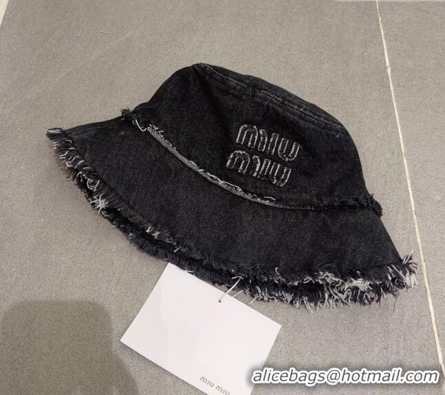 Famous Brand Miu Miu Denim Bucket Hat with Fringe 0512 Black 2023