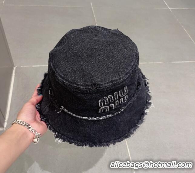 Famous Brand Miu Miu Denim Bucket Hat with Fringe 0512 Black 2023