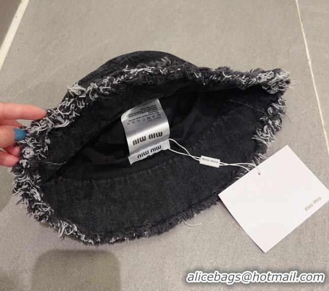 Famous Brand Miu Miu Denim Bucket Hat with Fringe 0512 Black 2023