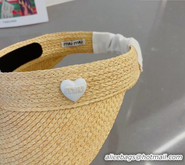 Stylish Cheap Miu Miu Straw Visor Hat with Heart Charm 0512 Beige/White 2023