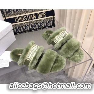 Best Grade Dior Chez Moi Slide Sandals in Embroidered Cotton and Shearling Green 120225