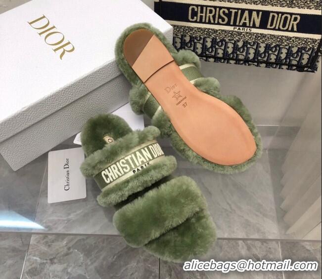 Best Grade Dior Chez Moi Slide Sandals in Embroidered Cotton and Shearling Green 120225