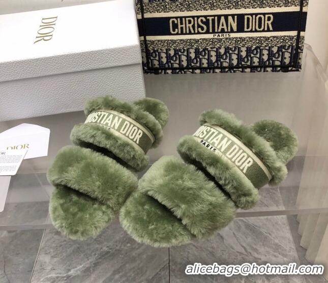 Best Grade Dior Chez Moi Slide Sandals in Embroidered Cotton and Shearling Green 120225