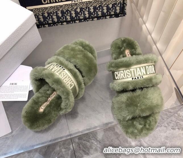 Best Grade Dior Chez Moi Slide Sandals in Embroidered Cotton and Shearling Green 120225