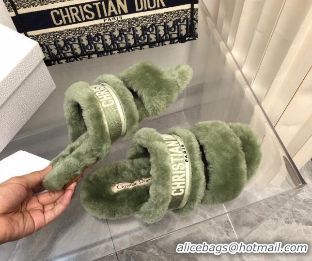 Best Grade Dior Chez Moi Slide Sandals in Embroidered Cotton and Shearling Green 120225