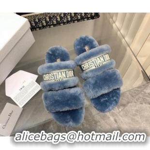 Pretty Style Dior Chez Moi Slide Sandals in Embroidered Cotton and Shearling Dusty Blue 120226