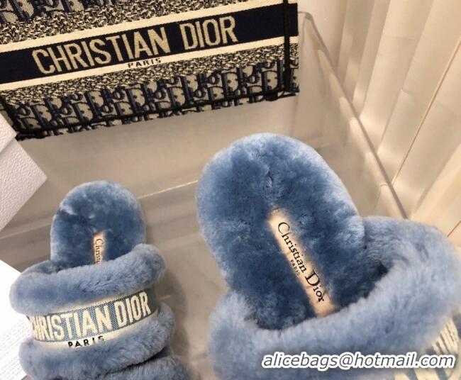 Pretty Style Dior Chez Moi Slide Sandals in Embroidered Cotton and Shearling Dusty Blue 120226