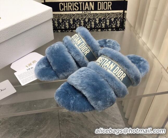 Pretty Style Dior Chez Moi Slide Sandals in Embroidered Cotton and Shearling Dusty Blue 120226