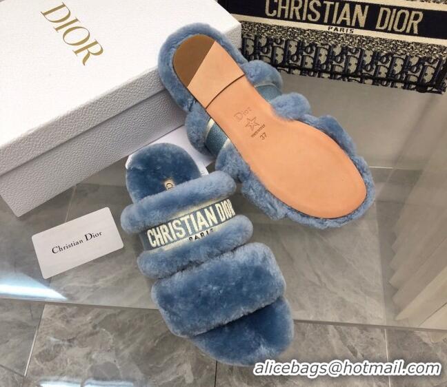 Pretty Style Dior Chez Moi Slide Sandals in Embroidered Cotton and Shearling Dusty Blue 120226