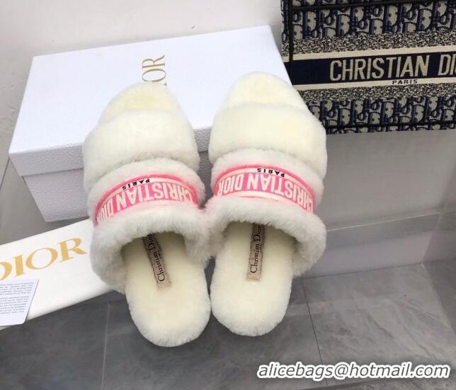 Unique Style Dior Chez Moi Slide Sandals in Embroidered Cotton and Shearling White/Pink 2120228