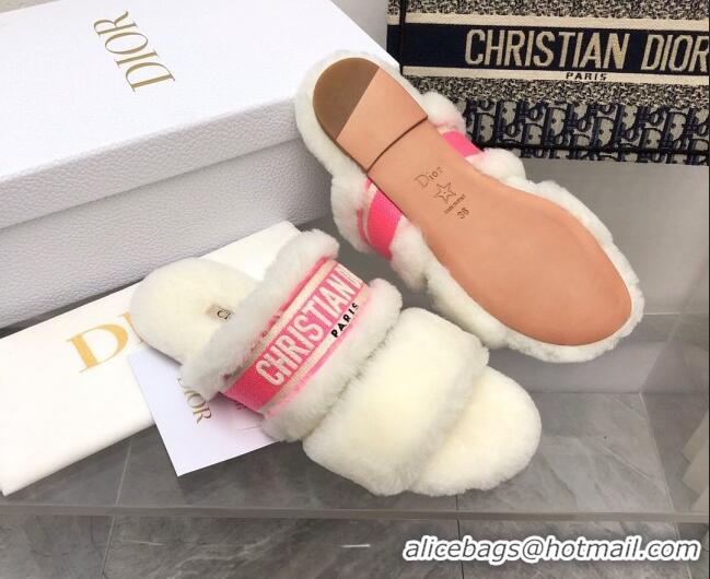 Unique Style Dior Chez Moi Slide Sandals in Embroidered Cotton and Shearling White/Pink 2120228