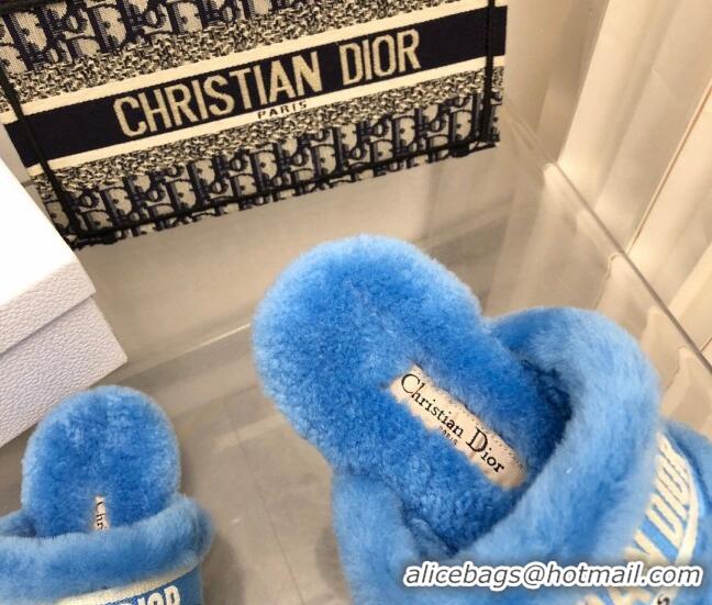 Purchase Dior Chez Moi Slide Sandals in Embroidered Cotton and Shearling Sky Blue 2120229