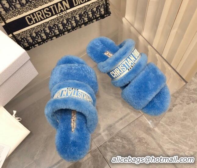 Purchase Dior Chez Moi Slide Sandals in Embroidered Cotton and Shearling Sky Blue 2120229