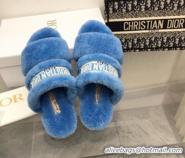 Purchase Dior Chez Moi Slide Sandals in Embroidered Cotton and Shearling Sky Blue 2120229