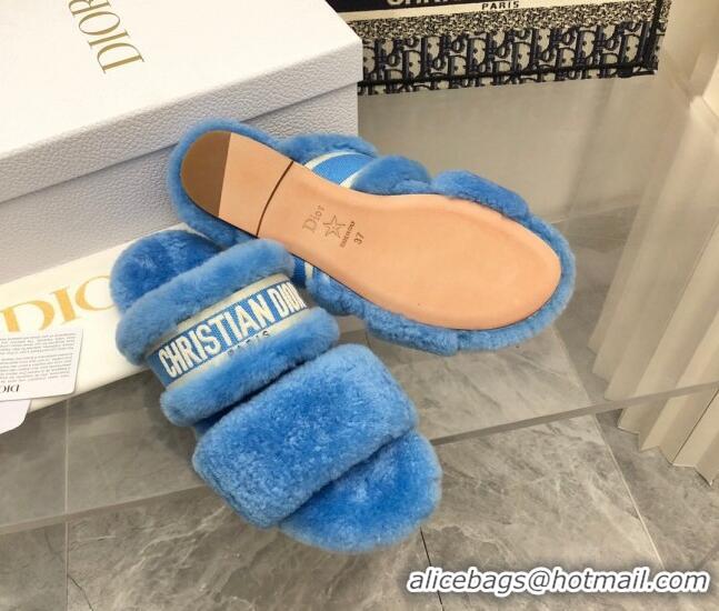 Purchase Dior Chez Moi Slide Sandals in Embroidered Cotton and Shearling Sky Blue 2120229