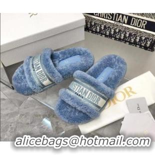 Top Grade Dior Dway Flat Slide Sandals in Embroidered Cotton and Reverse Shearling Blue 120231