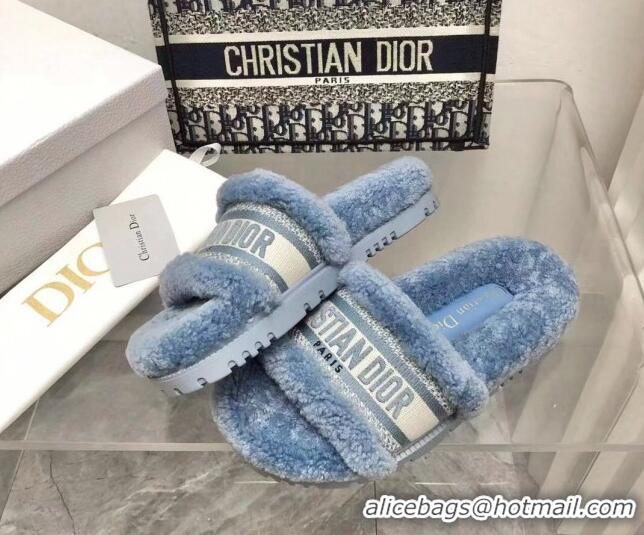 Top Grade Dior Dway Flat Slide Sandals in Embroidered Cotton and Reverse Shearling Blue 120231