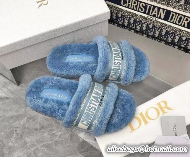 Top Grade Dior Dway Flat Slide Sandals in Embroidered Cotton and Reverse Shearling Blue 120231