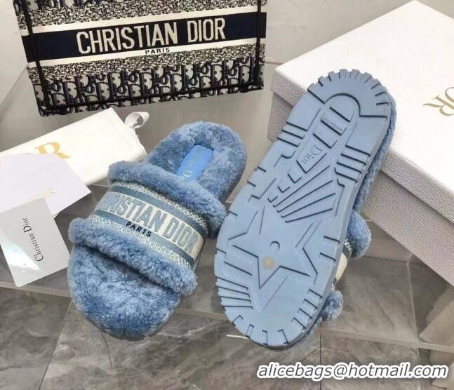 Top Grade Dior Dway Flat Slide Sandals in Embroidered Cotton and Reverse Shearling Blue 120231