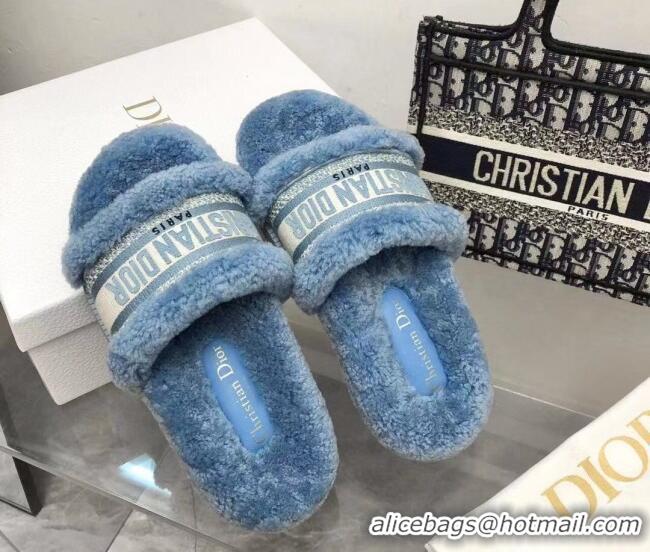 Top Grade Dior Dway Flat Slide Sandals in Embroidered Cotton and Reverse Shearling Blue 120231