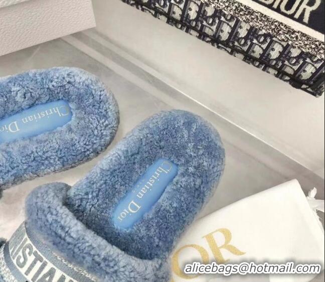 Top Grade Dior Dway Flat Slide Sandals in Embroidered Cotton and Reverse Shearling Blue 120231