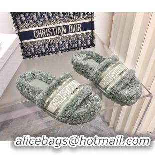 Good Quality Dior Dway Flat Slide Sandals in Embroidered Cotton and Reverse Shearling Green 120232