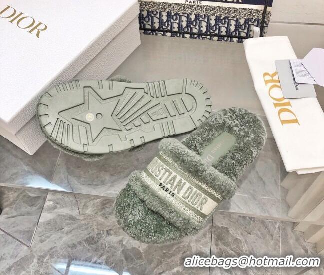 Good Quality Dior Dway Flat Slide Sandals in Embroidered Cotton and Reverse Shearling Green 120232