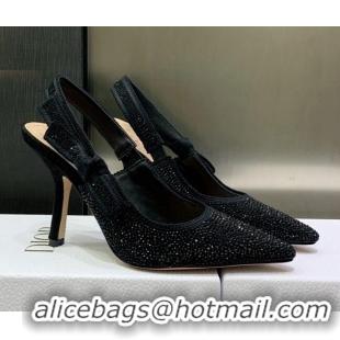 Grade Quality Dior J'Adior Slingback Pumps 9.5cm in Black Cotton Embroidered with Crystal 122308