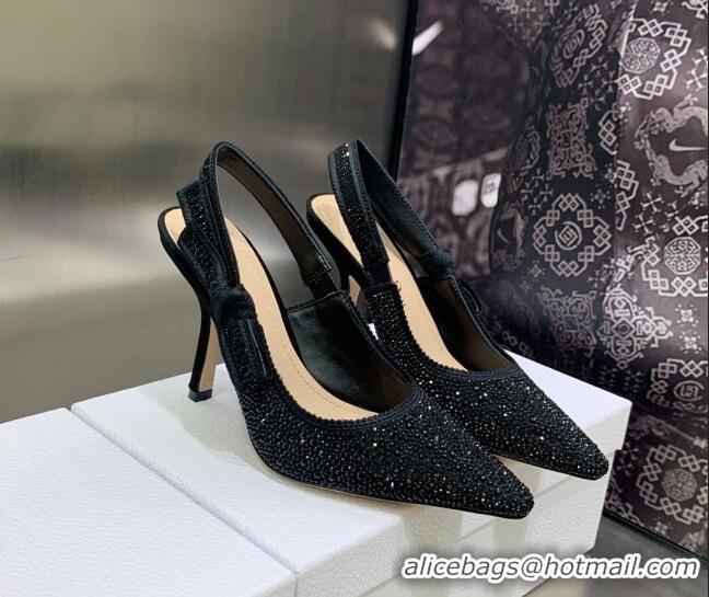 Grade Quality Dior J'Adior Slingback Pumps 9.5cm in Black Cotton Embroidered with Crystal 122308