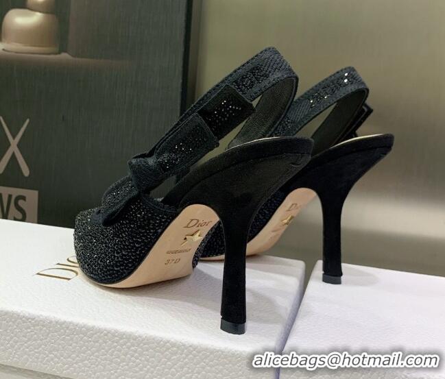 Grade Quality Dior J'Adior Slingback Pumps 9.5cm in Black Cotton Embroidered with Crystal 122308