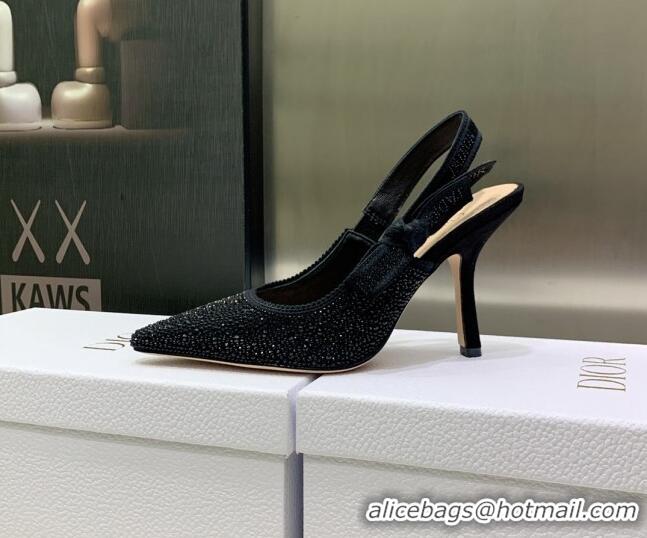 Grade Quality Dior J'Adior Slingback Pumps 9.5cm in Black Cotton Embroidered with Crystal 122308