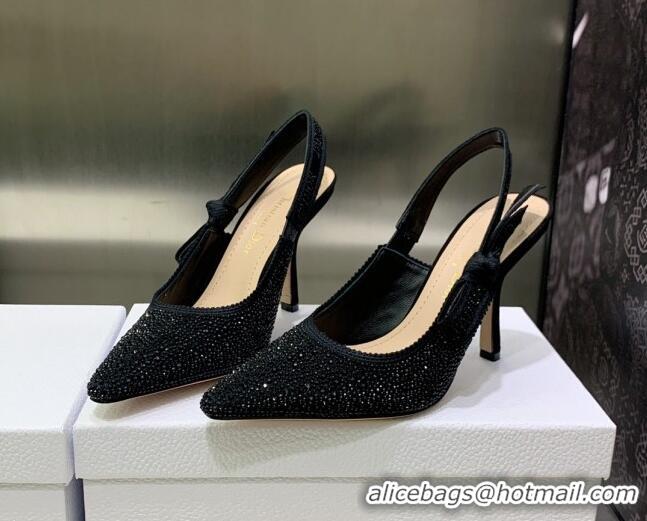 Grade Quality Dior J'Adior Slingback Pumps 9.5cm in Black Cotton Embroidered with Crystal 122308