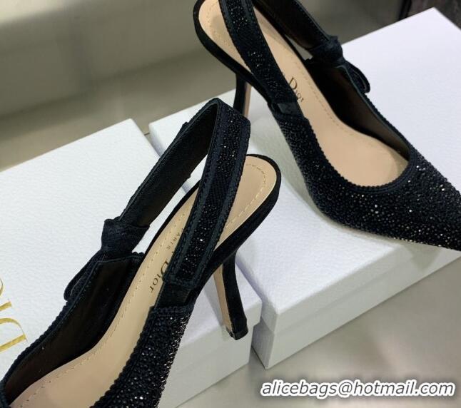 Grade Quality Dior J'Adior Slingback Pumps 9.5cm in Black Cotton Embroidered with Crystal 122308