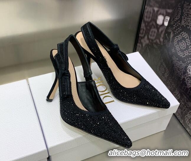 Grade Quality Dior J'Adior Slingback Pumps 9.5cm in Black Cotton Embroidered with Crystal 122308