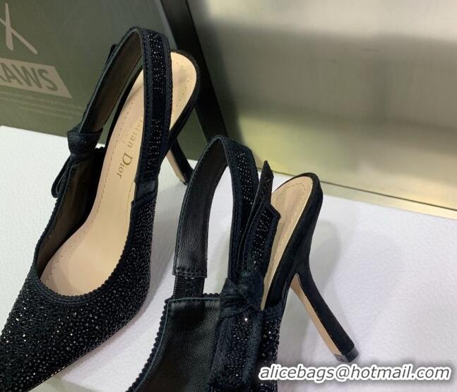 Grade Quality Dior J'Adior Slingback Pumps 9.5cm in Black Cotton Embroidered with Crystal 122308