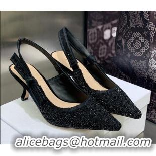 Best Grade Dior J'Adior Slingback Pumps 6.5cm in Black Cotton Embroidered with Crystal 2122309