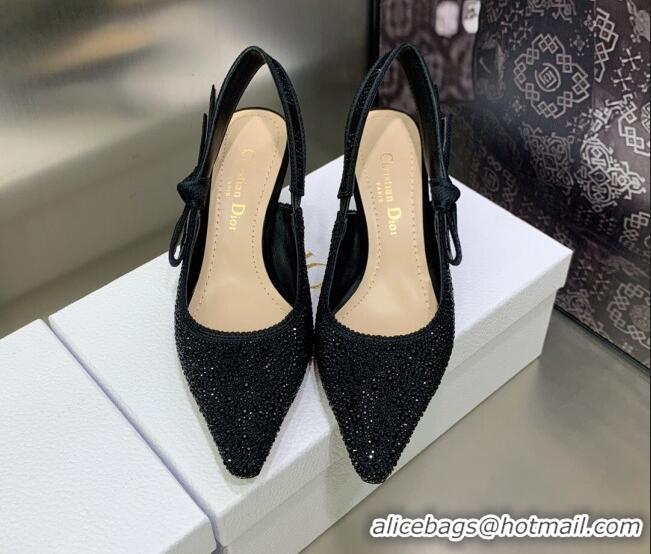 Best Grade Dior J'Adior Slingback Pumps 6.5cm in Black Cotton Embroidered with Crystal 2122309