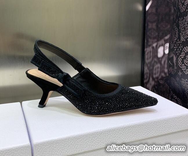 Best Grade Dior J'Adior Slingback Pumps 6.5cm in Black Cotton Embroidered with Crystal 2122309